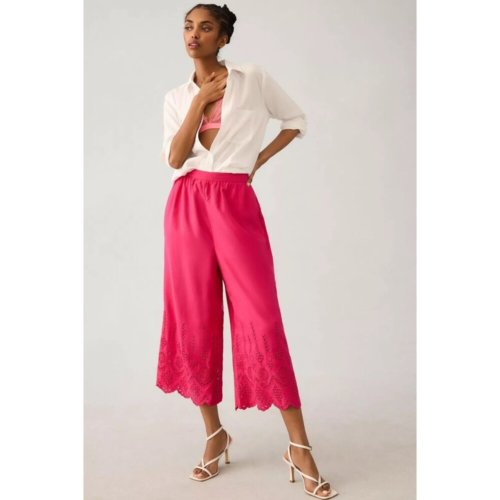 By Anthropologie Wide-Leg Eyelet Crop Pants Crochet Lace Embroidered L-14 281869